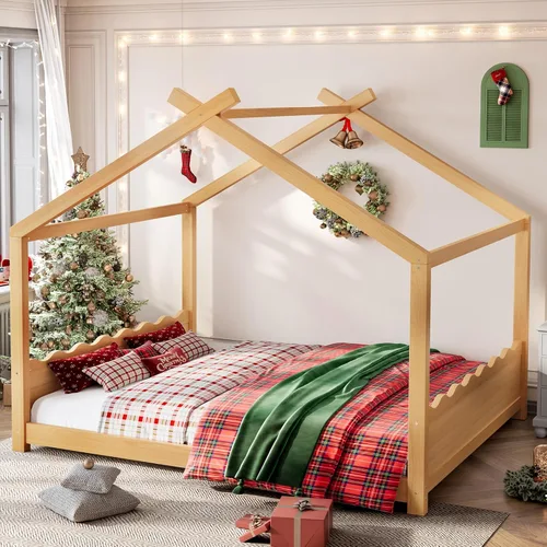 Miniatura 15 de Camas de madera Montessori tamaño individual, cama de plataforma para niños con cabecero y estribo, cama de tienda de campaña, no necesita somier