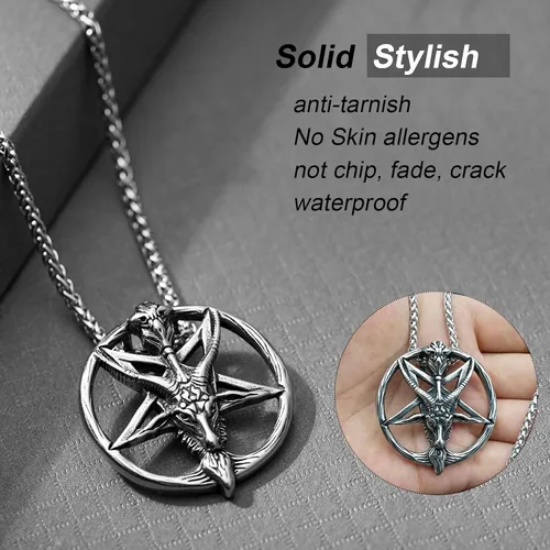 Miniatura 5 de Collar satánico, cabeza de cabra invertida, pentagrama invertido, pentáculo de acero inoxidable, collar de baphomet, cadena colgante, regalo