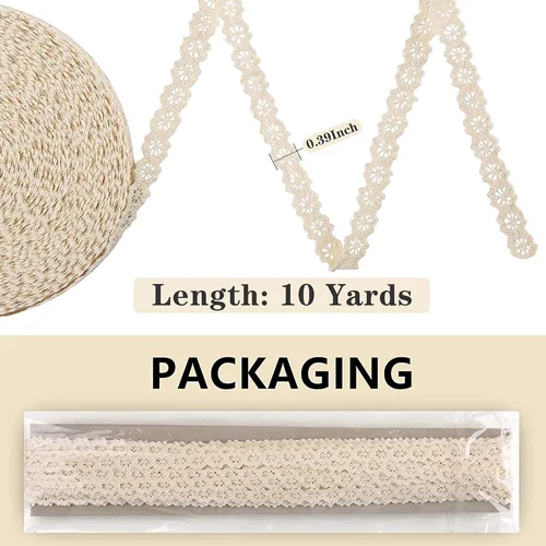 Miniatura 2 de Cinta de encaje de algodón, ribete de encaje de ganchillo beige para álbumes de recortes, envoltura de paquetes de regalo, cinta de manualidades, 10