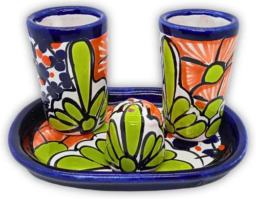 Miniatura 4 de Juego de vasos de chupito de tequila Talavera con bandeja y salero (juego de 2) - Diseño de flores verdes - Juego de regalo mexicano auténtico Flor