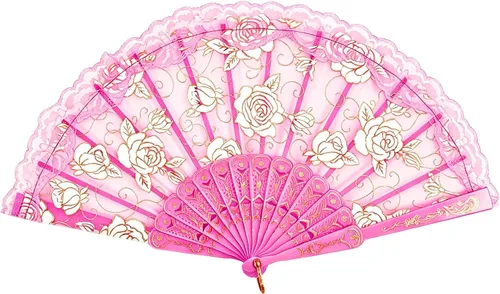 Miniatura 12 de TrendBox - Abanico chino de mano en encaje de rosas, diseño elegante vintage retro, plegable, para damas, para bailes de bola, 1 juego (10 colores)