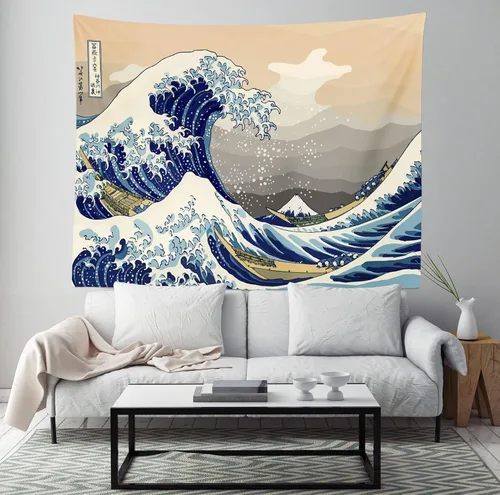 Miniatura 2 de CORFOTO Tapiz retro de 60 x 40 pulgadas, prefectura japonesa de Kanagawa, tapiz de ondas japonesas antiguas, tapices de estilo japonés