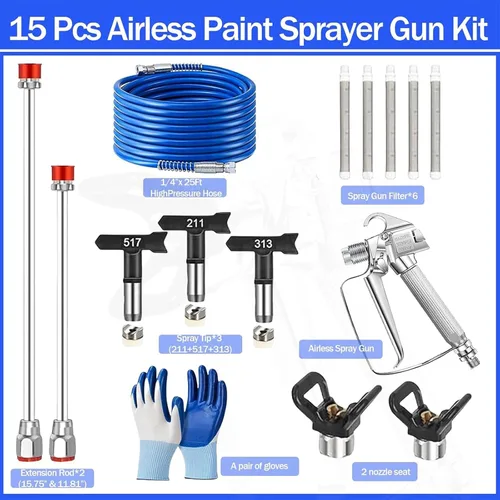 Miniatura 2 de Kit de pistola pulverizadora de pintura sin aire de 16 piezas, pistola de pulverización profesional de 3600 PSI con manguera de 25 pies, 3 puntas