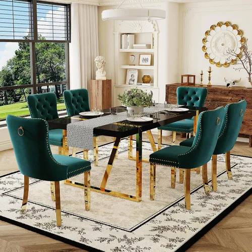 Miniatura 21 de Juego de mesa de comedor negra para 4, parte superior negra brillante de 55 pulgadas con patas de metal dorado, juego de mesa de comedor moderno