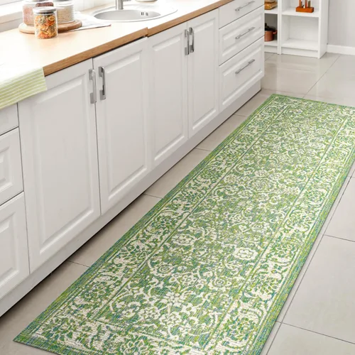 JONATHAN Y Alfombra de pasillo floral tejida para interiores y exteriores 2X8, color crema/verde, tela bohemio texturizada para el patio trasero, el