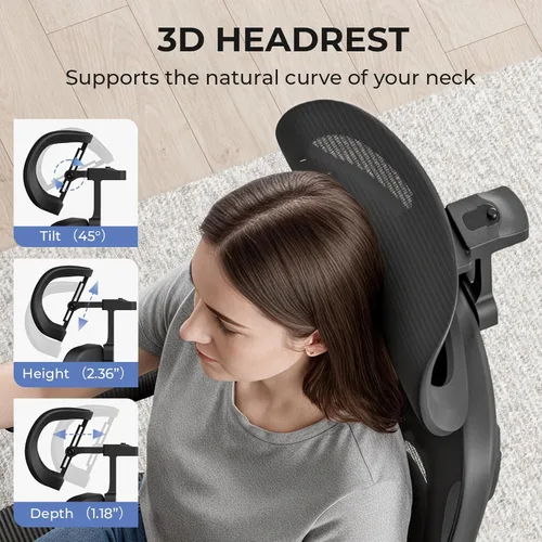 Miniatura 5 de Silla de oficina ergonómica con reposacabezas, soporte lumbar, reposabrazos abatibles, asiento de espuma viscoelástica gruesa, capacidad de 350