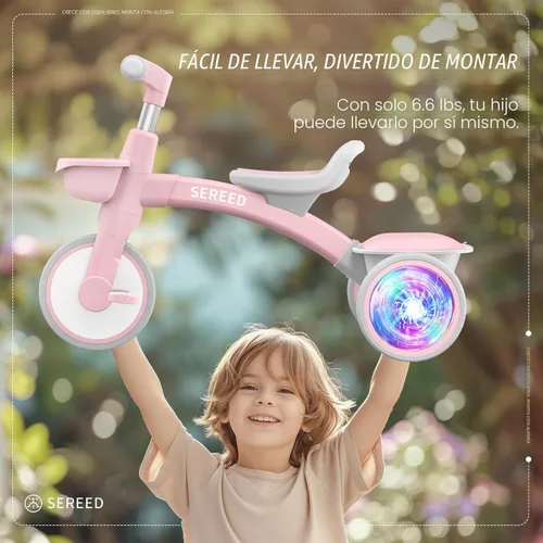 Miniatura 7 de SEREED Triciclo de iluminación colorida para niñas de 2 a 5 años, triciclo ajustable con asiento y manillar, cesta extraíble, idea de regalo de Rosa
