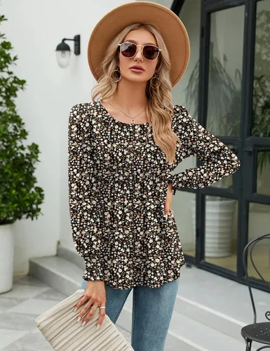 Miniatura 3 de LOMON Blusa de verano para mujer, manga largacorta, plisada, cuello redondo, blusas casuales sueltas