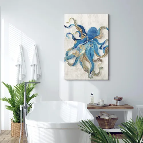 Miniatura 3 de Arte de Lienzo de Pulpo para Pared Pintura Temática de Vida Oceánica Imagen de Animal Marino Azul y Dorado Obra de Arte Costera Imagen de Pulpo