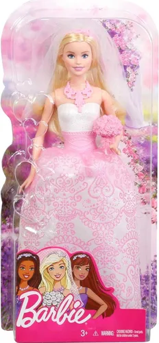 Miniatura 3 de Barbie Conjunto de ropa y accesorios de muñeca nupcial, novia rubia en vestido de novia blanco y rosa inspirado en la fantasía con anillo, velo