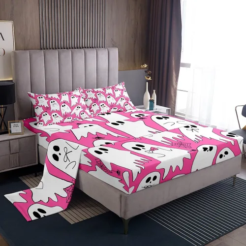Miniatura 18 de Feelyou Juego de sábanas de fantasma negro para niños y niñas, tamaño individual, juego de sábanas de fantasma de calavera para niños, mujeres