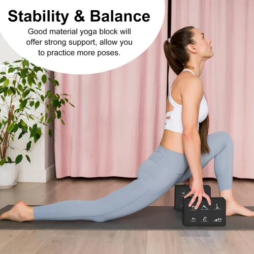 Miniatura 5 de Juego de 2 bloques de yoga y 2 correas de yoga, bloques de espuma EVA antideslizantes, ladrillos de yoga de alta densidad con correa de 6 pies, Negro