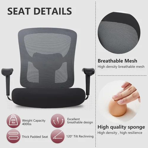 Miniatura 6 de Silla de oficina grande y alta, silla de escritorio de 400 libras, silla de computadora de malla con soporte lumbar, asiento ancho, brazos