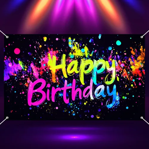 Miniatura 14 de HOMETITUTE Cartel de feliz cumpleaños de 71 x 43 pulgadas con luz negra fluorescente para decoración de fondo de fiesta, controlador de juego azul