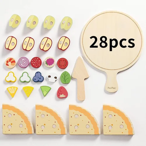 Miniatura 4 de PairPear Juego de comida de madera para cortar pizza, 28 piezas de juguete de pizza, juego de cocina Montessori, accesorios de cocina, regalo