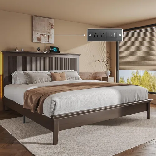 Miniatura 12 de Lifezone Cama Queen de madera, cama de madera maciza con cabecera alta, diseño vintage americano, cama Queen con estación de carga y LED RGB, Nogal