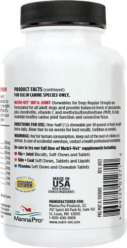 Miniatura 8 de Nutri-Vet Suplementos para perros de fuerza regular para cadera y articulaciones, formulados con glucosamina condroitina, suministros para mascotas