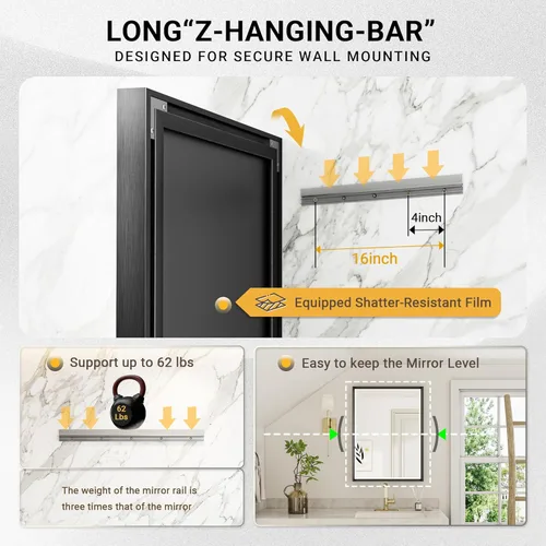 Miniatura 4 de Espejo para baño con marco negro de 22x30 pulgadas, espejo de tocador rectangular biselado negro, espejo de metal negro mate antióxido para pared