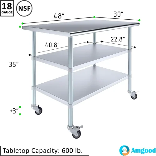 Miniatura 3 de AmGood Mesa de trabajo de acero inoxidable con 2 estantes y ruedas Mesa de trabajo de metal con ruedas