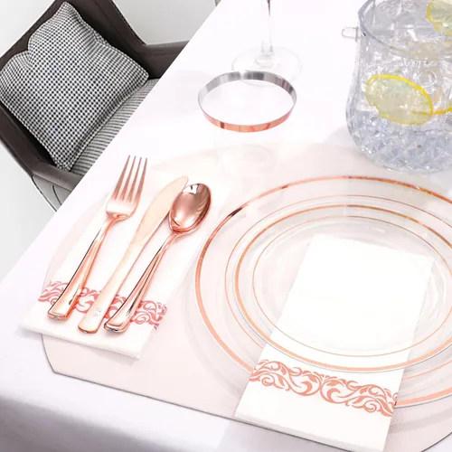 Miniatura 5 de Juego de vajilla de 350 piezas de color oro rosa de DaYammi – Incluye: 50 platos de cena de 26 cm, 50 platos de postre de 19 cm, 50 cubiertos de oro