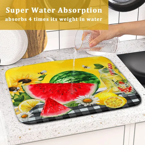 Miniatura 7 de Tapete de Secado de Platos de Sandía de Verano de Microfibra, Tapetes Escurridores de Platos de Cuadros de Búfalo de Limón Amarillo 16x18 Pulgadas