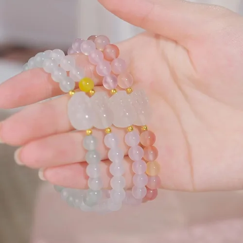 Miniatura 5 de Pulseras de oro de 18K con cuentas de calcedonia, pulsera con amuleto Pixiu, pulsera elástica natural con cuentas redondas de calcedonia