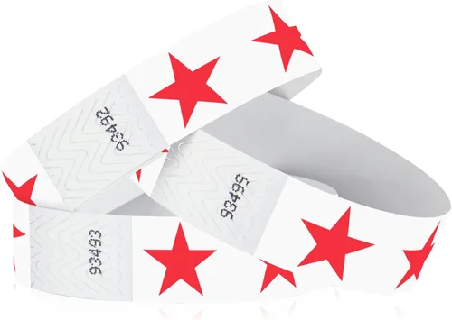 500 pulseras Tyvek de estrellas rojas de Wristco para eventos, cómodas pulseras de papel resistentes a desgarros, pulseras de identificación para