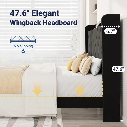 Miniatura 8 de Allewie Base de cama de plataforma de tamaño matrimonial con estación de carga y estante de almacenamiento, cabecera tapizada de terciopelo con Negro