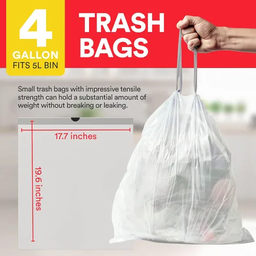 Miniatura 2 de Bolsas de basura pequeñas de 4 galones con cordón, 57 bolsas de basura pequeñas blancas sin perfume, bolsas de basura de plástico, suministros