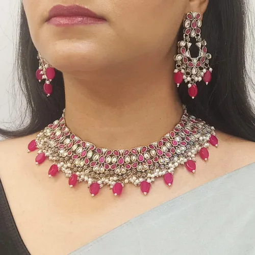 Miniatura 3 de Efulgenz Jewelry Sets for Women Necklace Earrings and Maangtikka Bohemian Indian Oxidized Vintage Bridal Sets Faux Pearl Kundan Choker Necklace