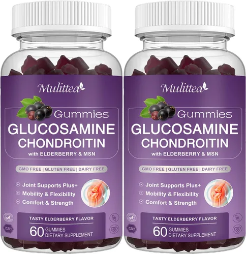 Mulittea Gomitas de condroitina de glucosamina, suplemento de apoyo articular extra fuerte con MSM y saúco para articulaciones naturales, apoyo