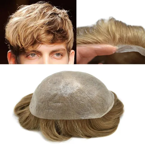Miniatura 36 de Mens Toupee Remy, sistemas de reemplazo de cabello humano 0.002 in, tupé de piel fina para hombres, todos los trazos en V para hombres, protesis