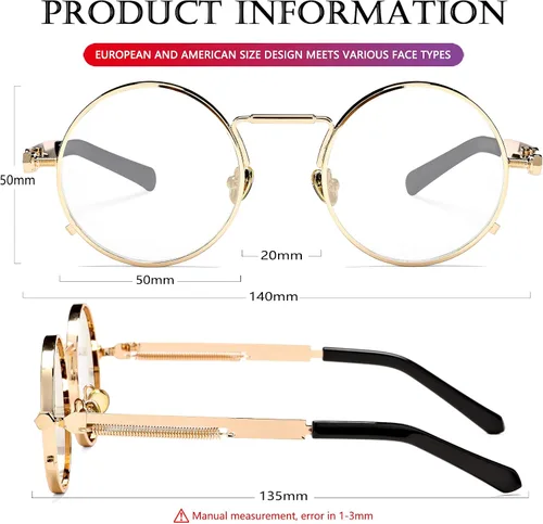Miniatura 7 de AIEYEZO Gafas de sol redondas Steampunk con montura de metal gótico 100 bloqueo UV