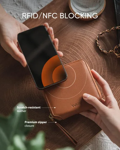 Miniatura 5 de Cartera de piel para mujer, con bloqueo RFID, plegable, delgada, para tarjetas de crédito, con bolsillo con cremallera, Marrón, Classic