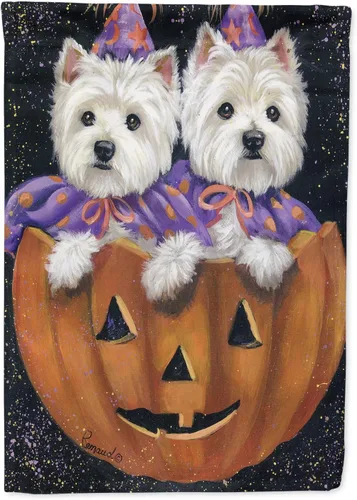 Caroline's Treasures PPP3205GF Bandera de jardín de calabaza de Halloween Westie Ride Bandera de buzón Bandera decorativa de patio Arte exterior