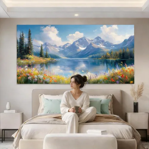 Miniatura 4 de Inzlove Large Canvas Wall Art 48" L x 24" W - Snow Mountain Lake Landscape Painting, Meadow Wildflowers Art Print, Rustic Farmhouse Decor for Living
