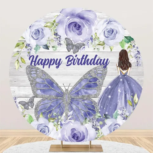 Leyiyi Telón de fondo redondo de 3 x 3 pies, diseño de flores de acuarela azul, mariposa, fondo de círculo de madera rústica, para niñas y mujeres,