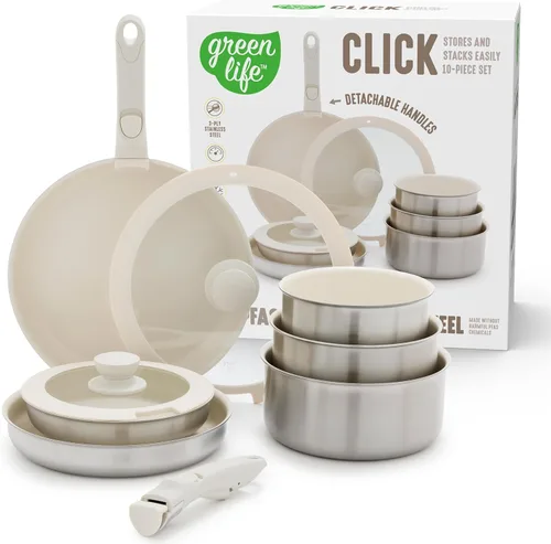 Miniatura 11 de GreenLife Ollas y sartenes de acero inoxidable de 10 piezas, juego de cocina desmontable y apilable, utensilios de cocina sin PFAS de tres capas