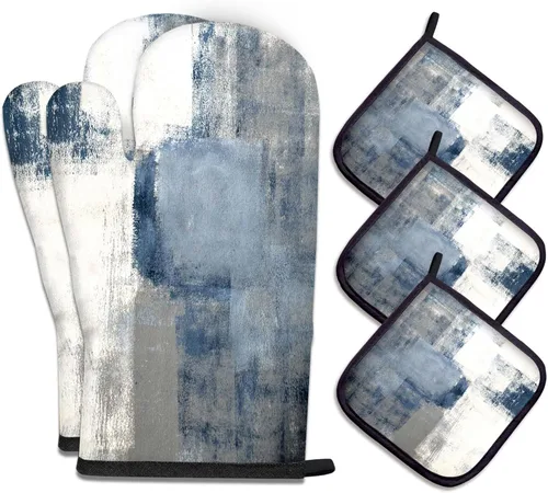 Miniatura 13 de MCALK Juego de 5 piezas de manoplas de horno geométricas grises y agarraderas, guantes de horno grises y almohadillas térmicas para cocinar