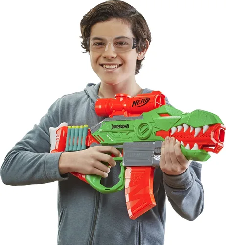 Miniatura 7 de Nerf DinoSquad Rex-Rampage - Lanzador de dardos motorizado, clip de 10 dardos, 20 dardos oficiales, almacenamiento de 10 dardos, diseño