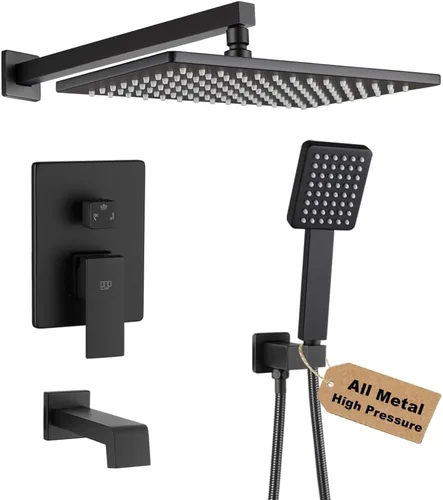 Miniatura 12 de Juego de llave de ducha en negro mate con caño de bañera, sistema de cabezal de ducha de lluvia de 8 pulgadas para baño con llave de mano de una