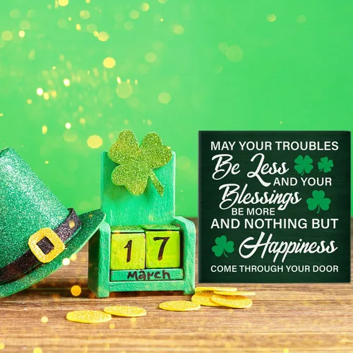 Miniatura 6 de Decoración del Día de San Patricio con texto en inglés «May Your Troubles Be Less and Your Blessings Be More » Letrero de madera para decoración
