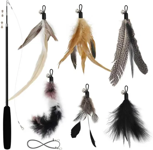 SONGWAY Juego de juguetes interactivos de plumas para gatos, varita retráctil con 6 recambios de plumas con campana, juguetes de varita para gatos