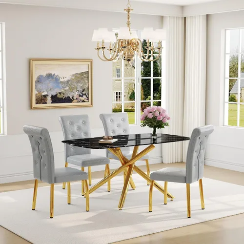 Miniatura 50 de Juego de mesa de comedor moderna para mesa de comedor negra de 4,63 pulgadas, juego de 4 con patas de metal dorado, mesa de cocina rectangular
