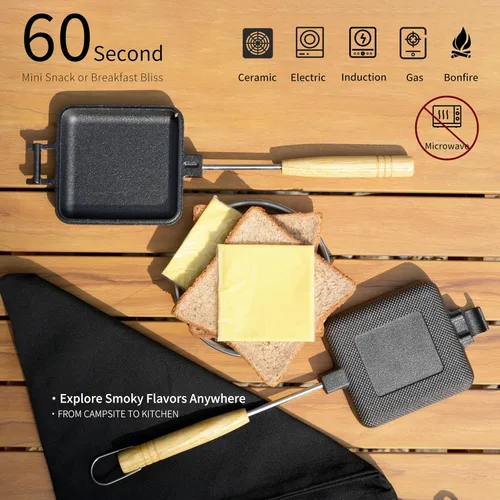 Miniatura 2 de MiniSnack - Prensa para hacer pasteles de hierro fundido para acampar y estufa, mini sartén doble para carne y más con bolsa de almacenamiento