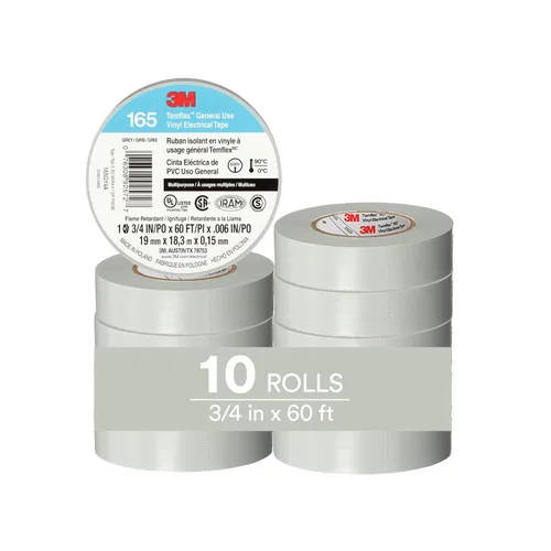 3M Temflex Cinta Eléctrica de Vinilo Multiusos 165, Gris, 3/4 pulgadas x 60 pies (19 mm x 18 m), Paquete de 10 Rollos