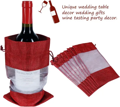 Miniatura 5 de Bolsas de vino de yute, 10 bolsas de arpillera roja para botellas de 25.4 fl oz con ventana transparente, bolsas de regalo de organza con cordón