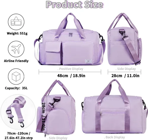 Miniatura 2 de FIORETTO - Bolsa de deporte para mujer con compartimento para zapatos, capacidad de 37 litros, ideal para viajes, gimnasio, deportes, fines de semana