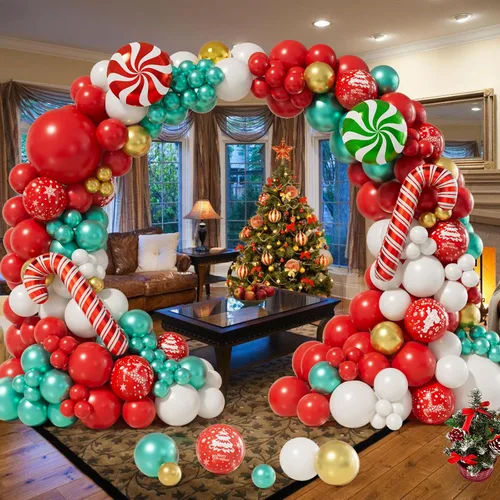 Miniatura 5 de AobkDeco Kit de arco de guirnalda de globos de Navidad, 153 unidades, globos de papel de aluminio de caramelo, globos de bastón de caramelo, globos