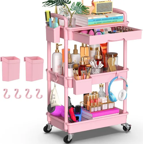 Miniatura 9 de Goovilla Organizador de carrito utilitario de 3 niveles con cajón extraíble, carritos de almacenamiento rodantes negros estables y resistentes con 2